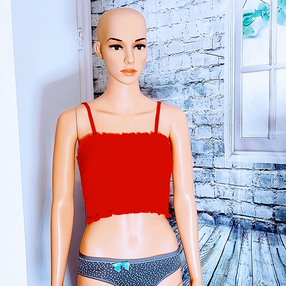 RUCHED RED COTTON RETRO HALTER TOP WOMEN'S SIZE S